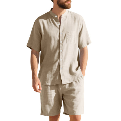 American Linen Suit Men's Summer Two-piece Suit Henry Collar Beach