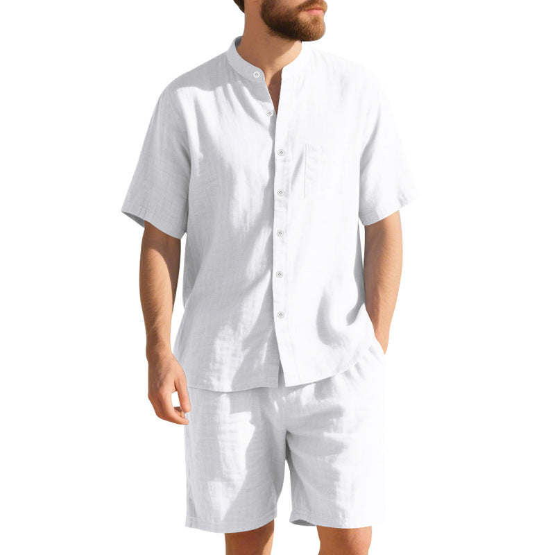American Linen Suit Men's Summer Two-piece Suit Henry Collar Beach