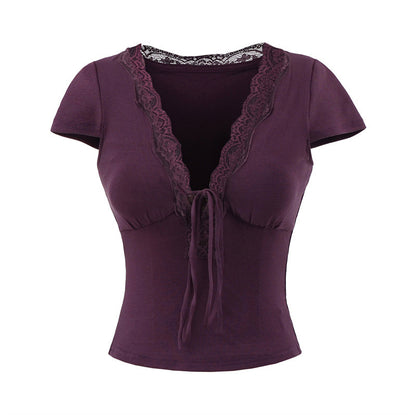 European And American Style Slim Chest Pad Lace V-neck Short Sleeve