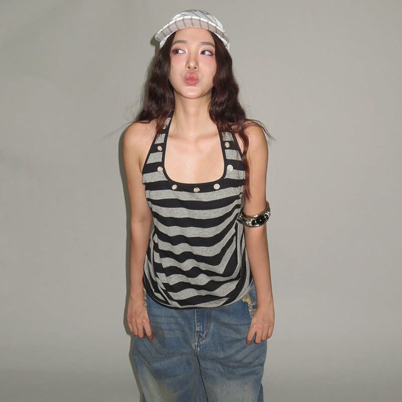 Hot Girl Comfortable Design Sense Striped Spaghetti Straps Female U Collar Sexy