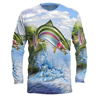 Men's Round Neck Pullover Fish Printed Long-sleeved Top