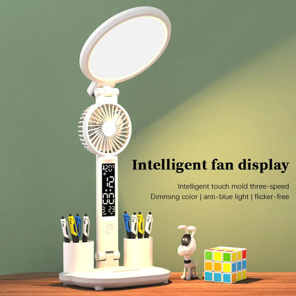 LED-Uhr-Tischlampe, USB-aufladbare, dimmbare Schreibtischlampe, Plug-in-LED-Ventilatorlicht, faltbares Augenschutz-Lese-Nachtlicht