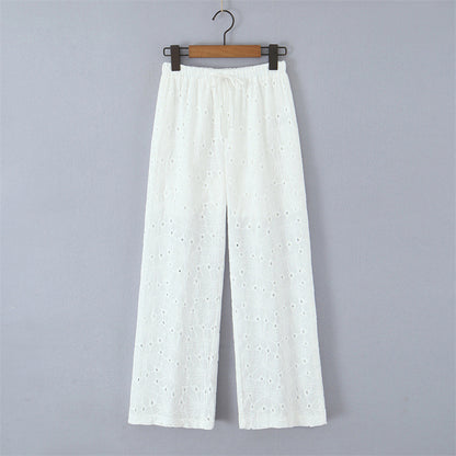 Hollow Embroidery Lace-up Straight-leg Pants
