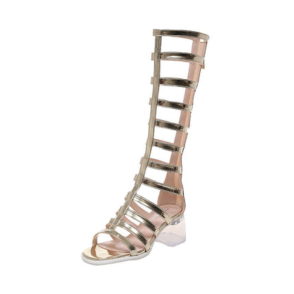 High Hollow-out Round Toe Sandal Boots Chunky Heel High Leg-length Roman Women's Boots