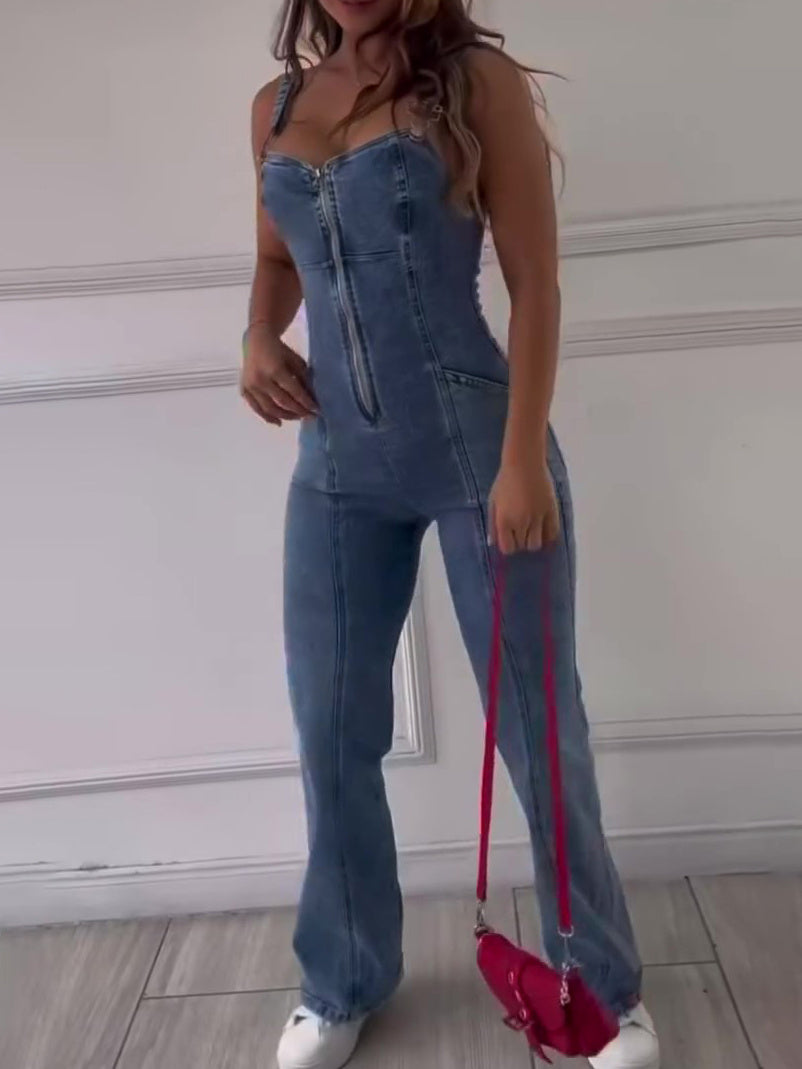 Sleeveless Paneled Zipper Denim Jumpsuit - X2-Shopping