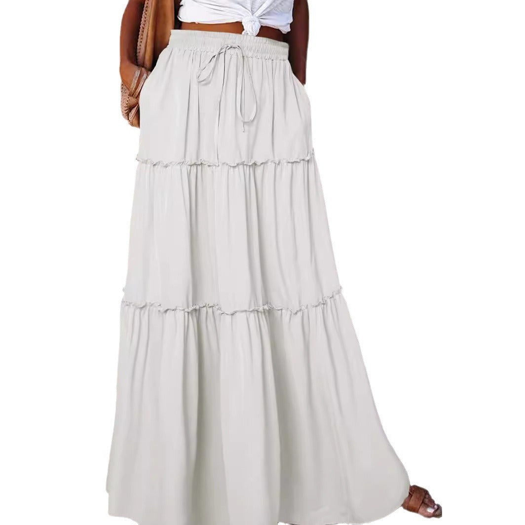 Women's Layered High Waist Elastic Lace-up Skirt With Wooden Ears - X2-Shopping