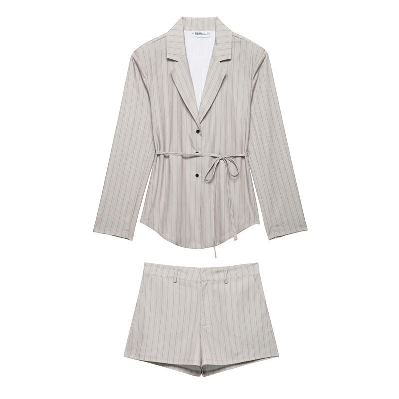 Thin Belt Striped Blazer Mini Shorts