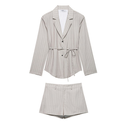 Thin Belt Striped Blazer Mini Shorts