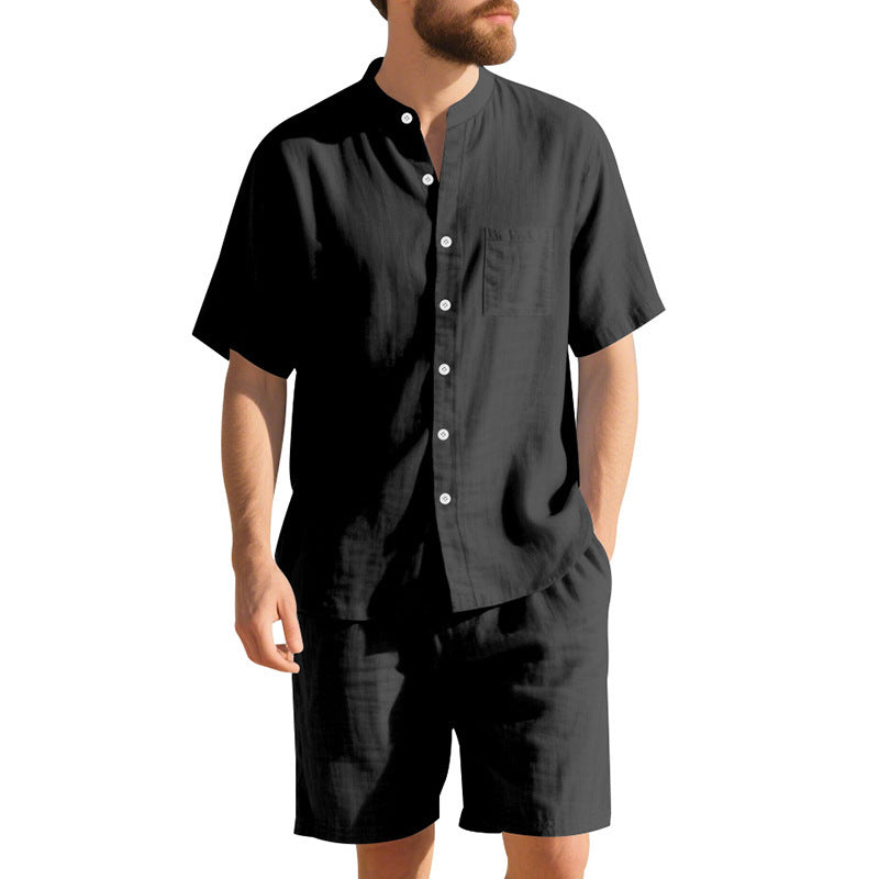 American Linen Suit Men's Summer Two-piece Suit Henry Collar Beach