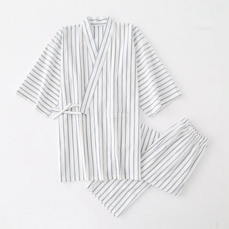 Gewaschener Pyjama-Anzug aus Baumwolle, dünn gestreift, japanischer Kimono-Hose für Herren und Damen, Homewear-Anzug