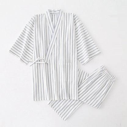 Gewaschener Pyjama-Anzug aus Baumwolle, dünn gestreift, japanischer Kimono-Hose für Herren und Damen, Homewear-Anzug