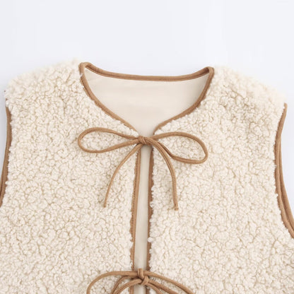 Sleeveless Lace-up Lambswool Vest For Women