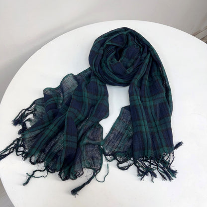 Thin Cotton And Linen Plaid Scarf Soft Neck Shawl