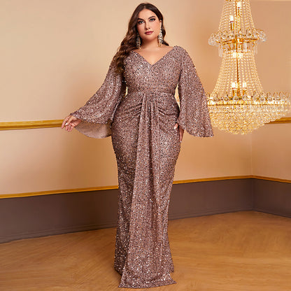 Women's Sequin Long Sleeved V-neck Pleated Dress - X2-Shopping