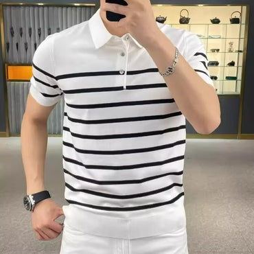 Lightly Mature Personality Striped Lapel Knitted T-shirt