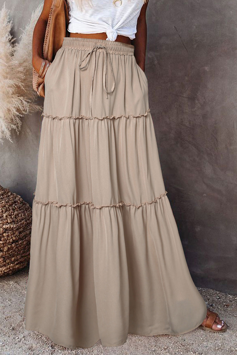 Women's Layered High Waist Elastic Lace-up Skirt With Wooden Ears - X2-Shopping