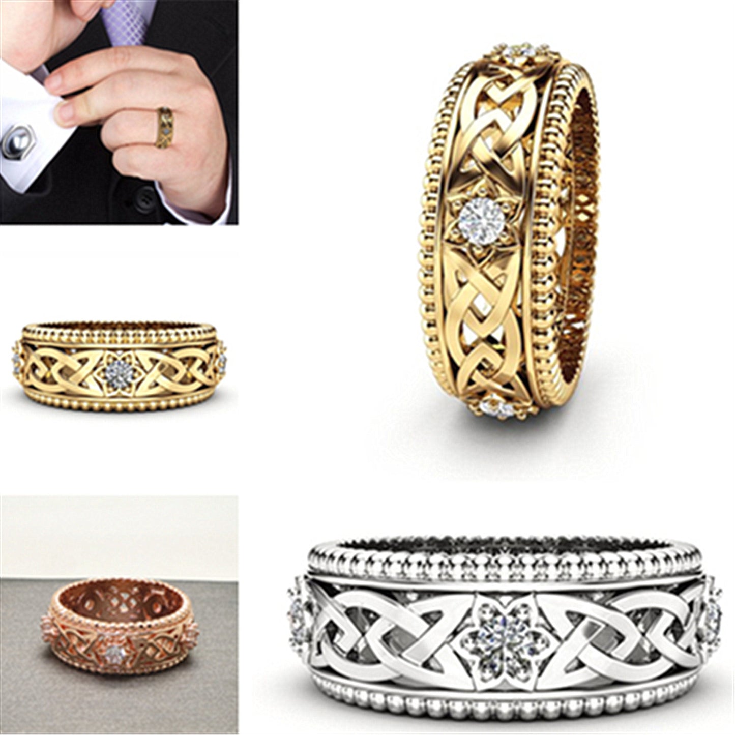 14 Karat vergoldeter weißer Diamantring mit hohlem Muster, Ehering