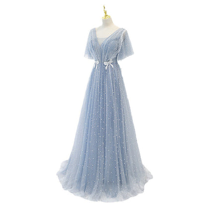 Evening Dress Female Elegant Temperament Host V-neck Super Fairy Thin Long Style - X2-Shopping