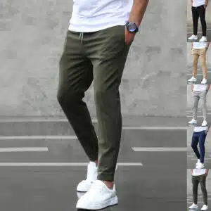 بنطلون رجالي كاجوال بجيوب وقصة ضيقة ورباطMen's Casual Pants With Pockets Fashion Slim Fit Drawstring Trousers