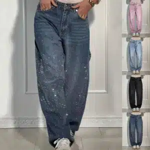 بنطلون جينز مستقيم لامع مع جيوب وبنطلون واسع الساق عصري للنساء، بنطلون أنيق
Ins Shiny Straight Jeans With Pockets Fashion Loose Wide-leg Pants For Women Street-style Trousers