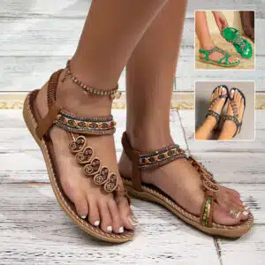 صنادل بوهيمية صيفية أنيقة مزينة بالزهور، أحذية شاطئ مسطحة للنساء
Bohemian Thong Sandals Summer Fashion Flowers Flat Beach Shoes For Women